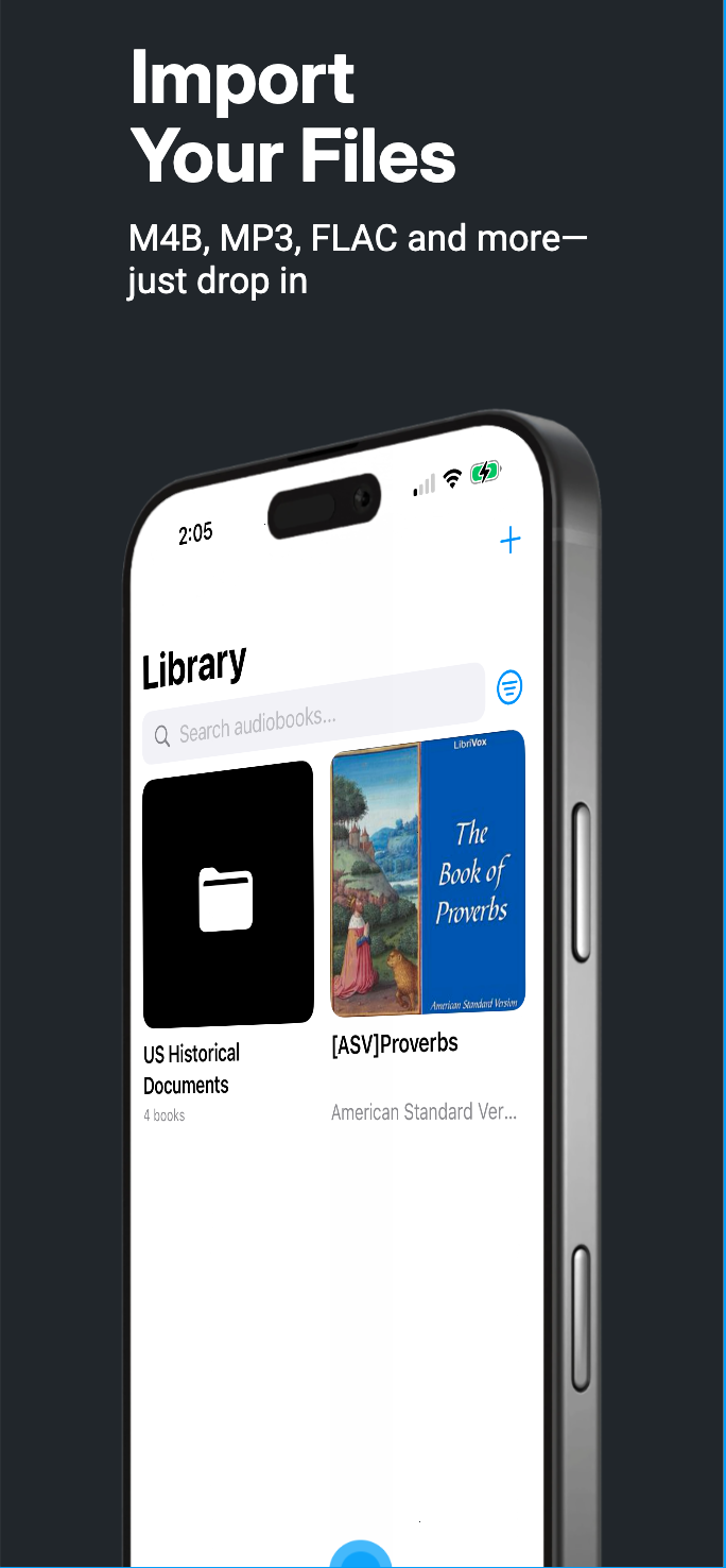 BookJack Player library screen showing audiobook collection
